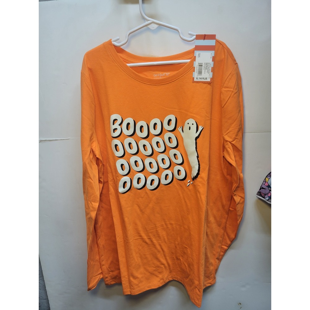 Cat & Jack Girls XL 14 Plus Orange Long Sleeve Halloween Ghost Boo Shirt